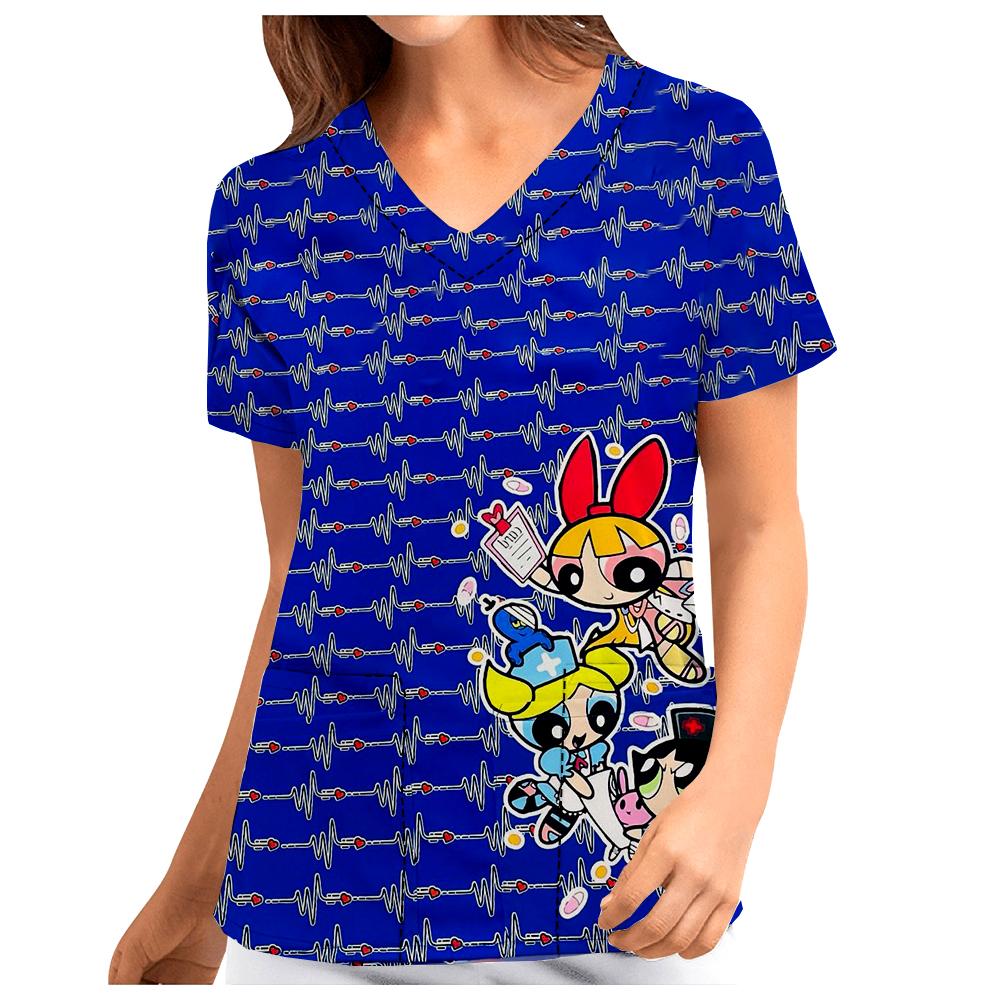 Men's Women's Summer Short Sleeve V Neck Nursing Work Clothes Disney Print Halloween Mary Cat Ophthalmology Work Uniform