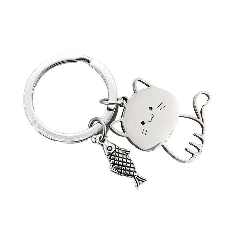 Funny Cartoon Cat Fish Keychain Couple Lovers Stainless Steel Keyring Lovely Pendant Key Chain Valentine'S Day Gift Jewelry