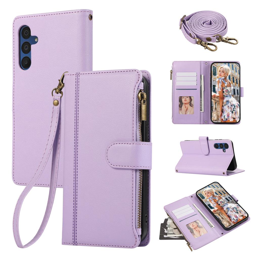 For Samsung Galaxy A16 4G/5G/A26 5G Case Multi Card Slots Zipper Leather Phone Cover with Shoulder Strap/Wrist Strap