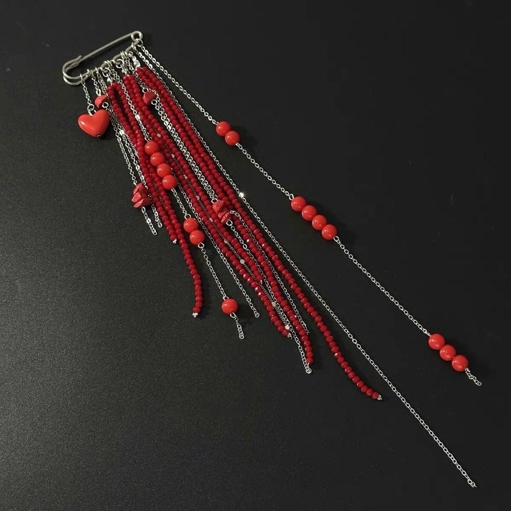 Red Love Heart Heart Beaded Tassel Brooch Light Luxury Style Tassel Ornaments Cosplay