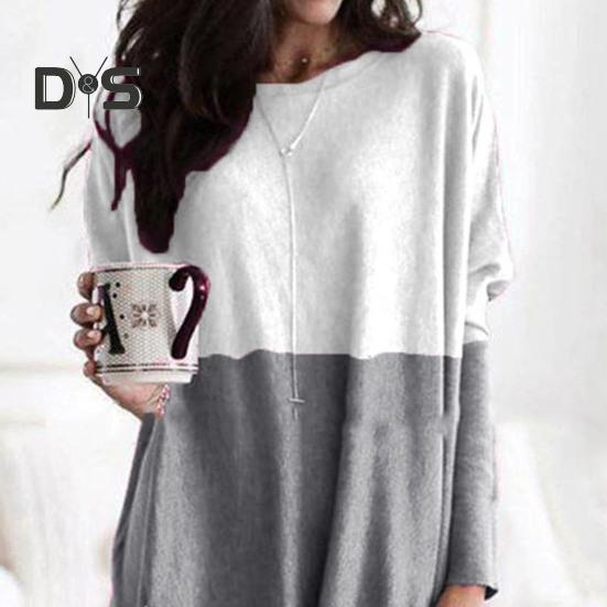 Женские топы с круглым вырезом, длинным рукавом, цветные блоки, пуловеры, топы с карманами, свободный крой, рубашка средней длины, повседневная одежда