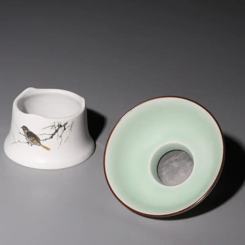 Chinese Tea Set Accessory, Tea Filter, Matte White Ceramic Strainer, Creative Lotus Infuser, Cup Funnel and Stand Set, Teaware