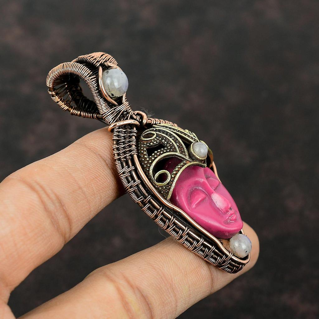 Розовый резной кулон из кости для лица, медная проволока, обернутый кулон, Радужный кулон с лунным камнем, ювелирные изделия из драгоценных камней, подарок на помолвку, медные украшения ручной работы