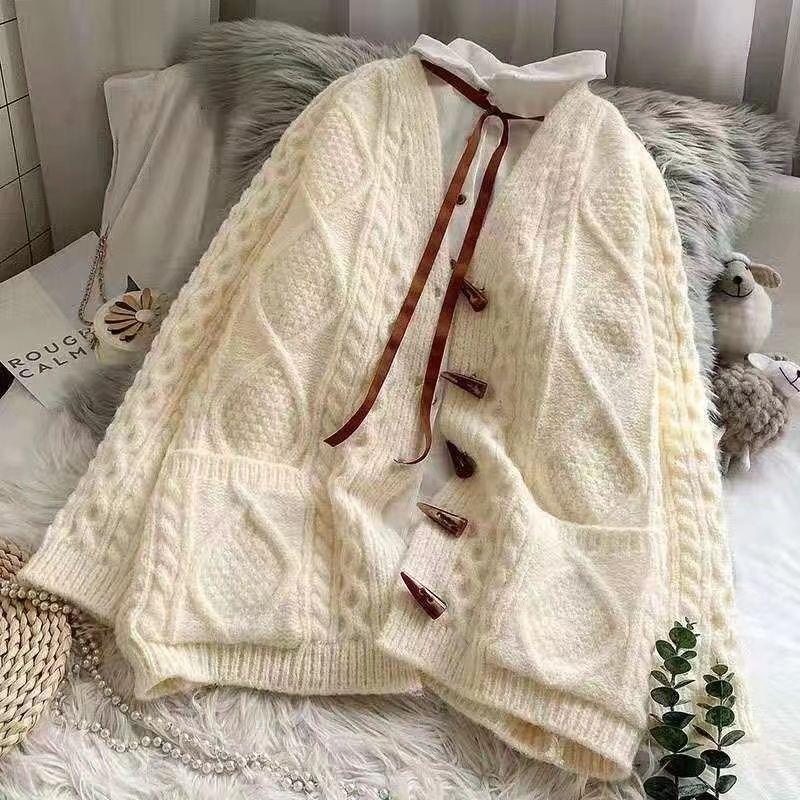 Ленивый стиль, жареное тесто, вязаный свитер, кардиган, пальто для женщин, 2023, корейский женский свободный кардиган, свитер, женские топы