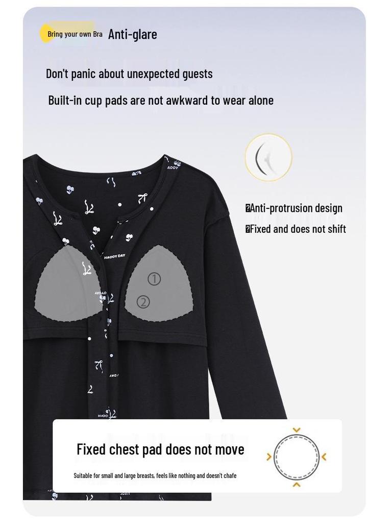 Женская пижама кимоно из хлопка с длинным рукавом и нагрудными вкладышами - милый мультяшный комплект с V-образным вырезом для весны и осени