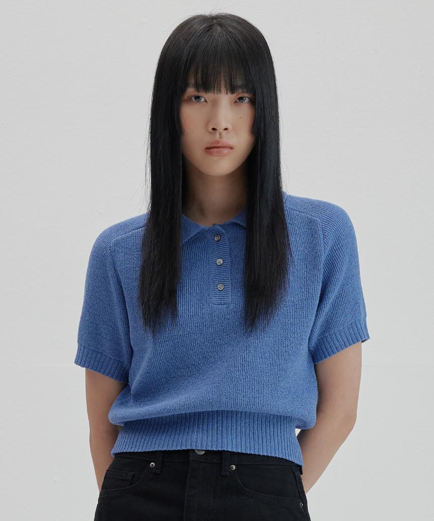 NONBLANK Raglan Half Sleeve Collar Crop Knit_Melange Blue