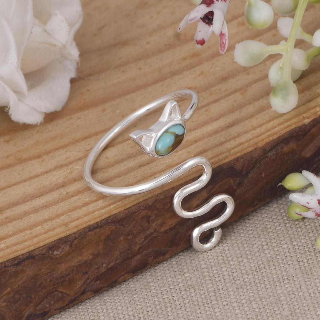 Turquoise Snake Wrap Ring | Adjustable Silver Cat Ring | Cute Animal Jewelry Gift for Women