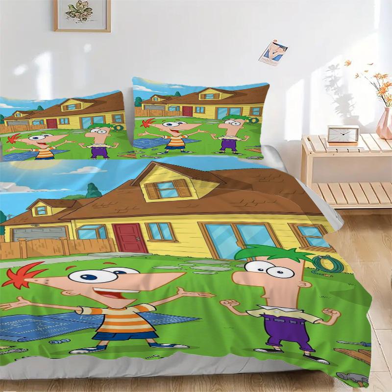Phineas Ferb Backyard Fun Print 3Pcs Bedding Set,Duvet Cover with 2 Bedro,Pillowcase Home Birthday Gift