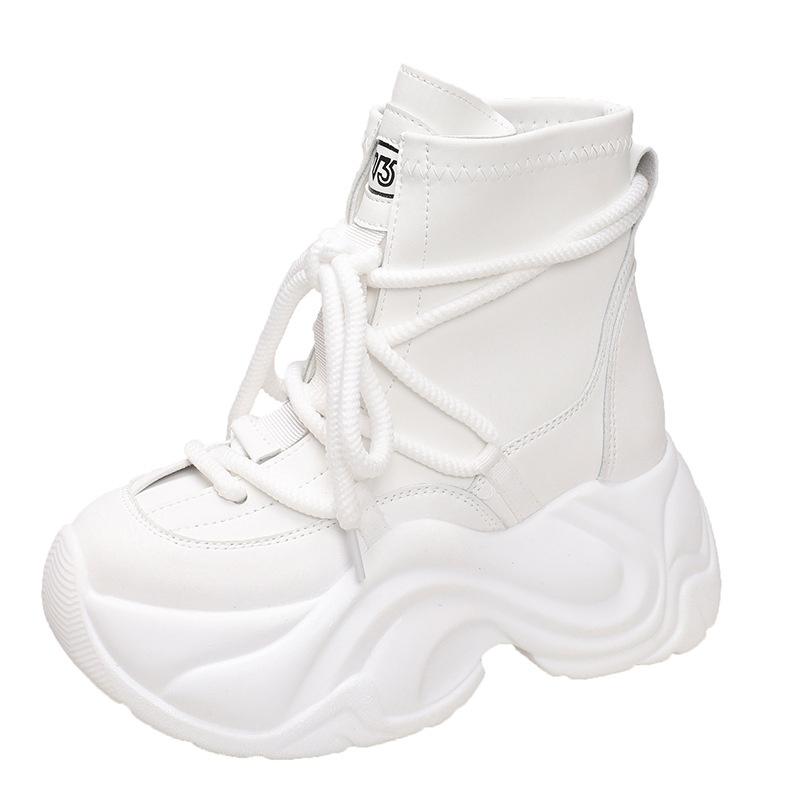 Women's Autumn Winter Ankle Leather Boots High Heel Motorcycle Boots Women's Thick Sole High Platform Combat Casual Shoes