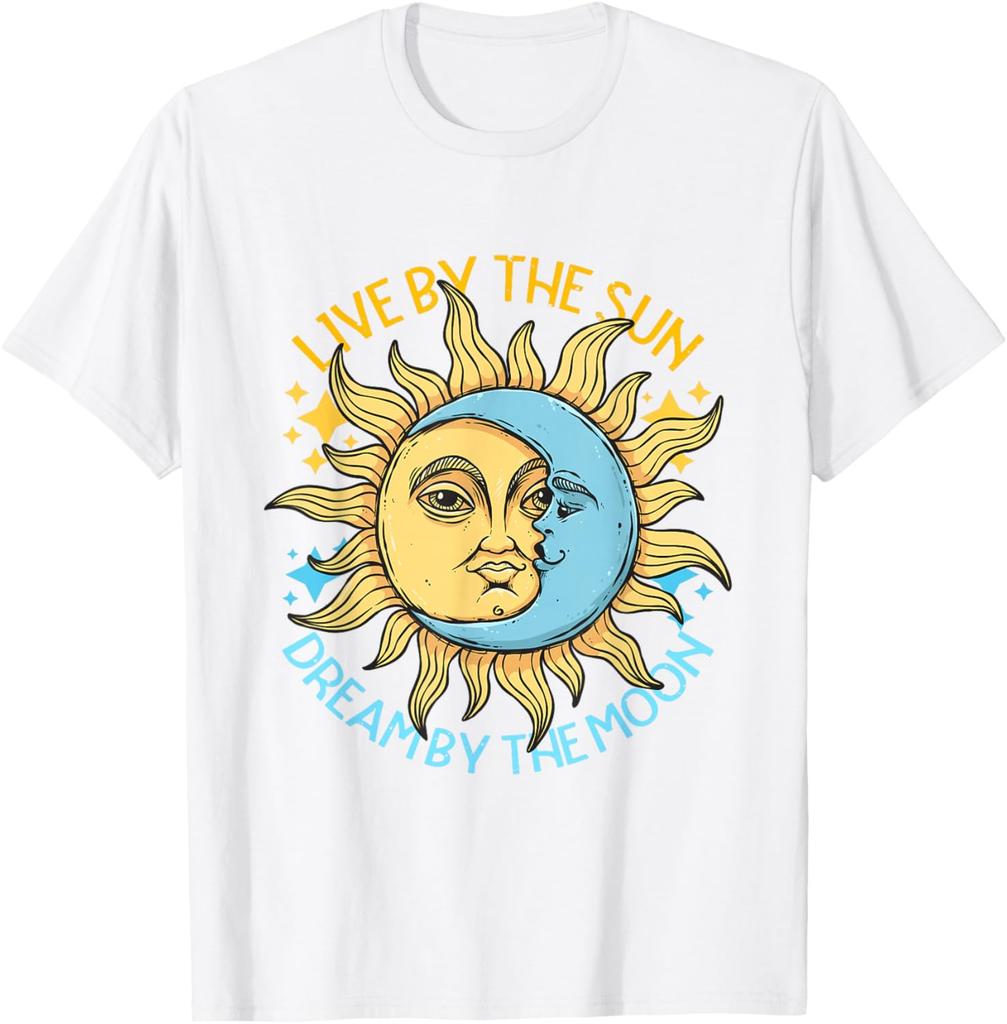 Sun Moon Celestial Graphic Tee Soft Cotton Casual T-Shirt Retro Astrology Style Trip Apparel