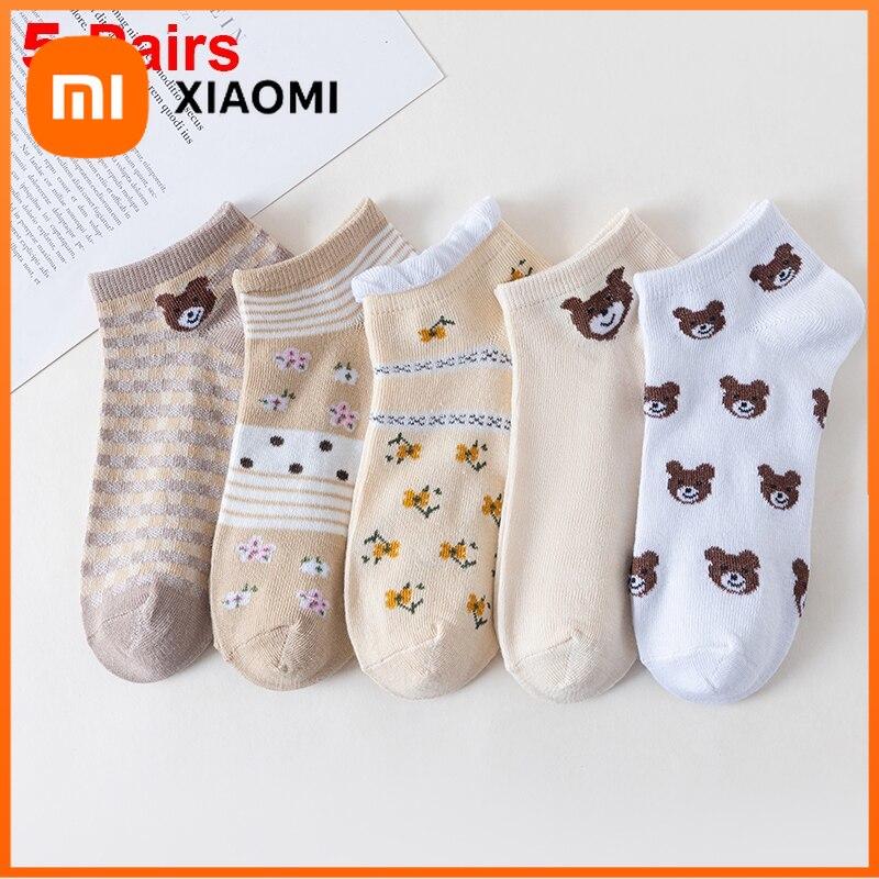 Xiaomi 5 пар милых коротких женских носков с маленьким медведем, тонкие влажные носки-лодочки в стиле ретро с неглубоким вырезом для весны и лета