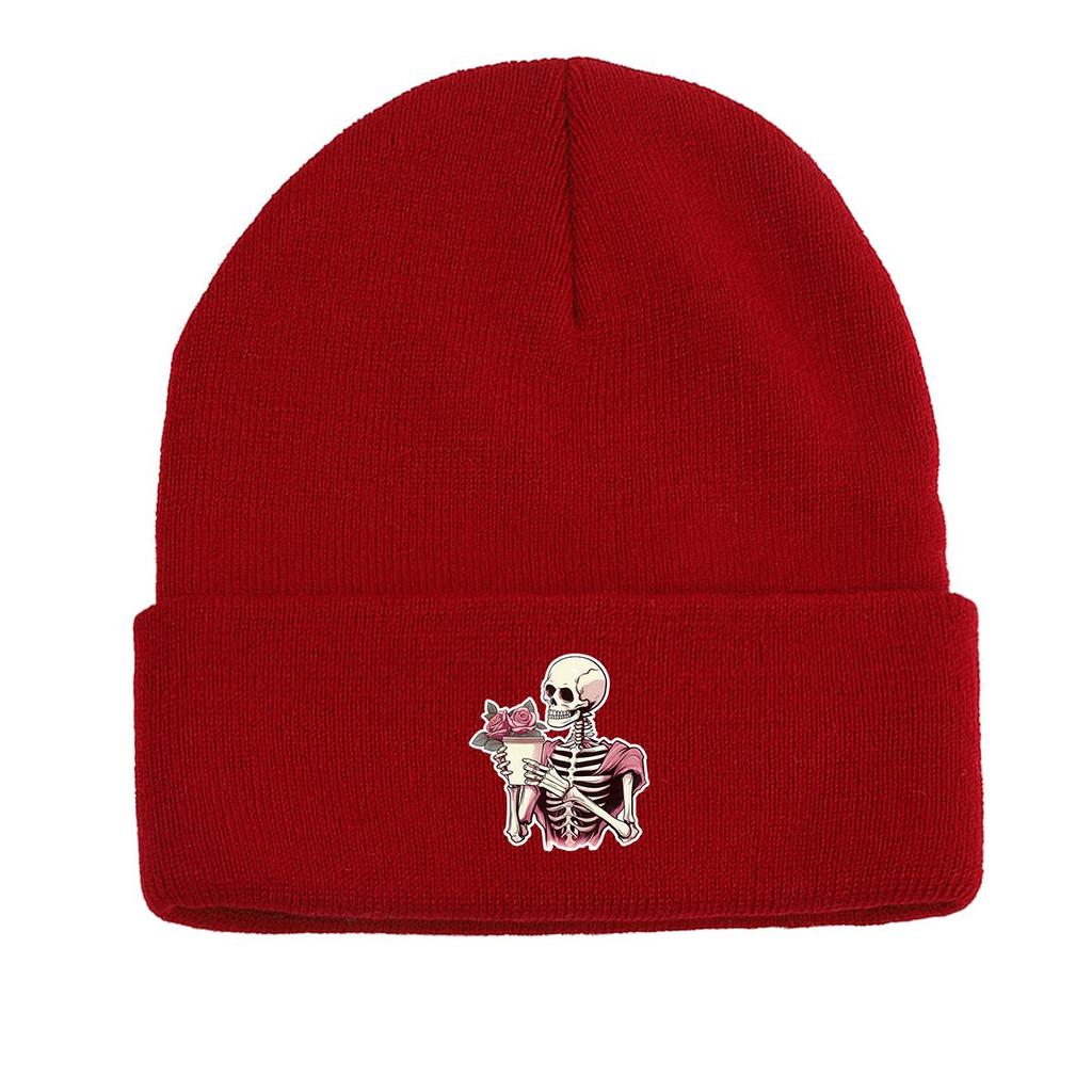 Skeleton Flower Print Knitted Hat Beanie, Woman Cap Windproof Lightweight Sporting Headwear Knit Cap Beanie