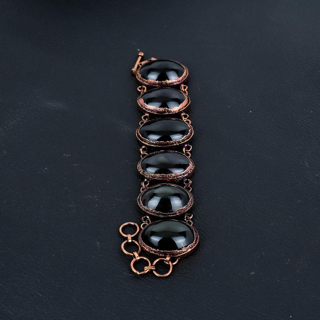 Black Obsidian Eye Gemstone Bracelet, Copper Electroformed Handmade Designer Bracelet Jewelry, Adjustable Chain Bracelet Gift For Women