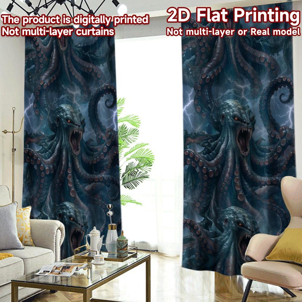 2D FLAT PRINTING 2pcs Curtains (Without Rod) Sea Monster Fury Light Filtering Popular Curtains Durable 100% Polyester Fabric