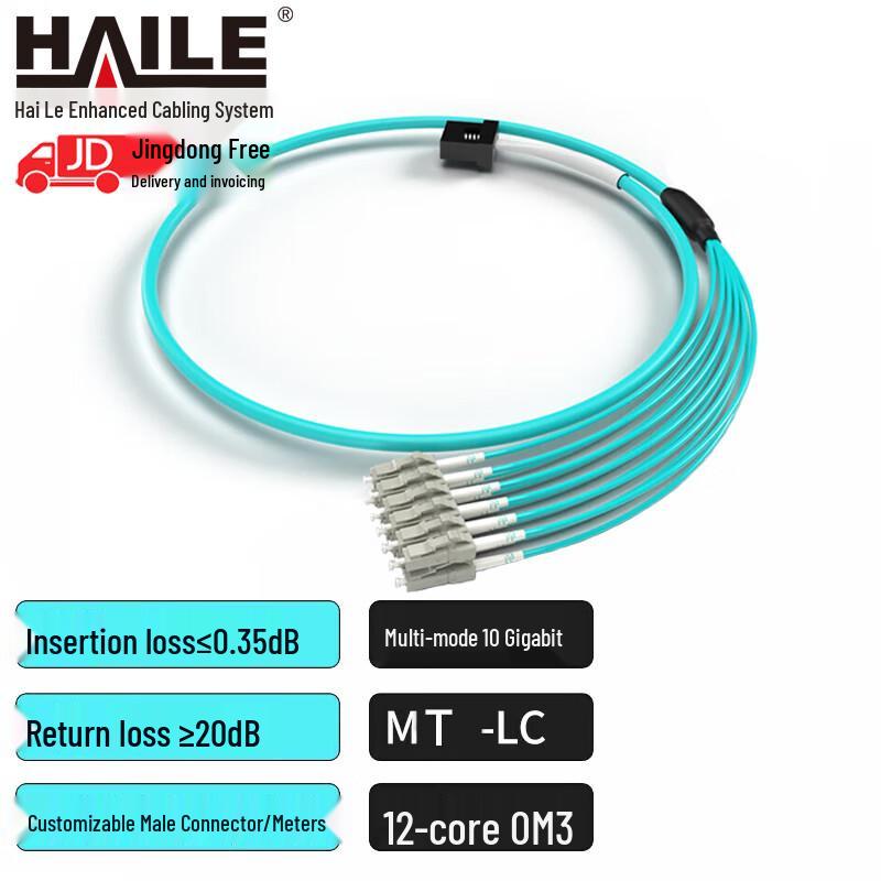 HAILE Telecom-Grade OM3 12-Core MT-LC Multimode Fiber Optic Patch Cord - 10 Gigabit