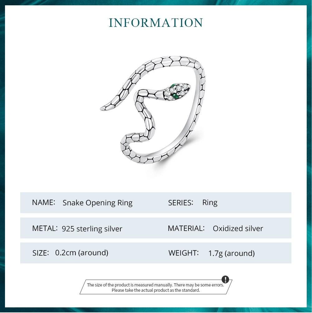 BAMOER 925 Sterling Silver Green Zircon Snake Opening Ring Irregular Adjustable Ring for Women Original Design Jewelry