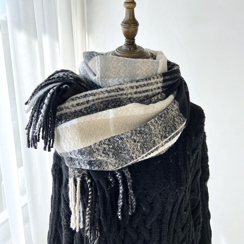 Scarf For Women, Autumn And Winter, High-End Feeling, Imitation Cashmere Plaid Tassel Shawl, Student Thick And Warm Scarf