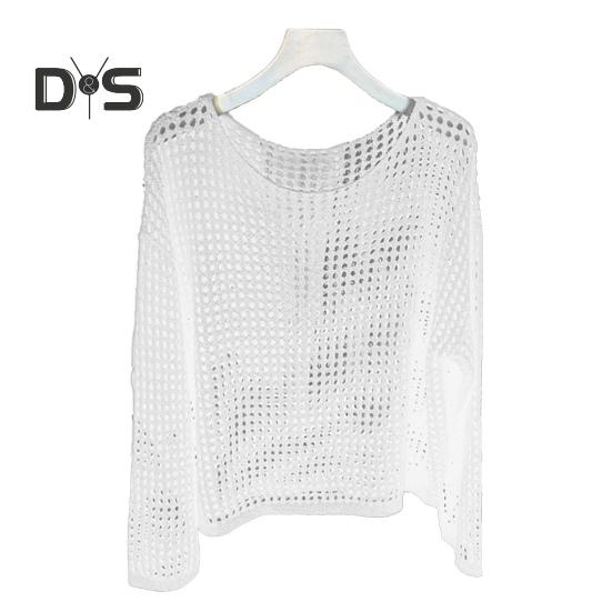 Солнцезащитный чехол с круглым вырезом и длинным рукавом, однотонные трикотажные топы свободного кроя, ажурный трикотажный дизайн, повседневные топы