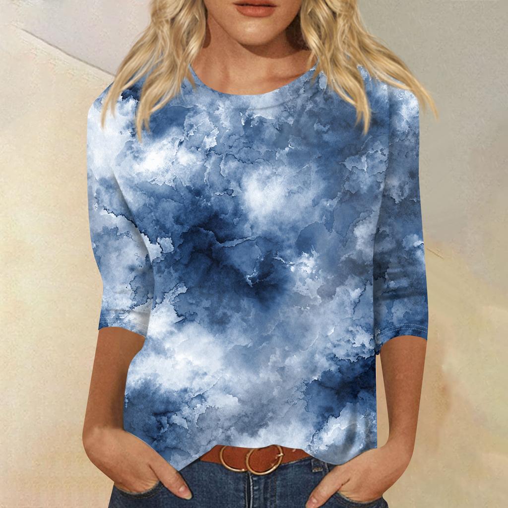 Женская модная повседневная футболка с круглым вырезом, рукавом три четверти и градиентным принтом