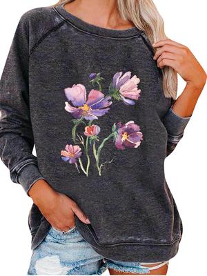 Женский свитшот на весну/осень, женский свитшот оверсайз, модный топ с цветочным принтом