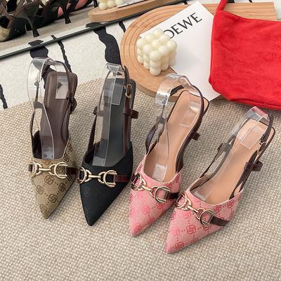 Внешняя торговля острый носок металлическая цепочка босоножки на высоком каблуке 2025 лето новые тонкий каблук принт европейские и американские босоножки с закрытым носком женские