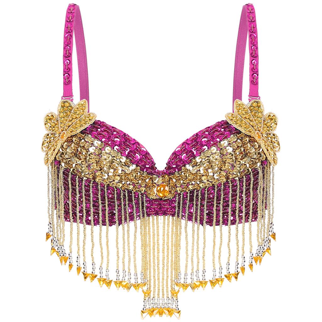 Womens Sparkly Sequins Belly Dance Top Adjustable Straps Plastic Beaded Tassels Underwired Bra