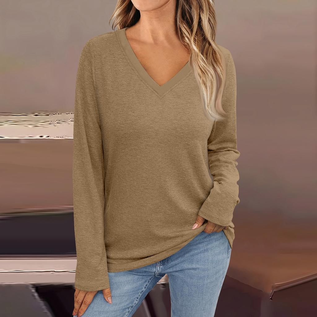 Женская модная винтажная футболка с длинным рукавом и V-образным вырезом в тон цвета осени
