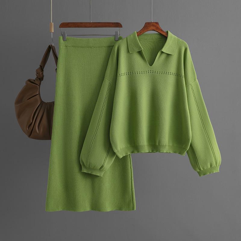 Autumn and Winter New Knit Sweater Set POLO Collar Ladies Simple Trend V-neck Solid Color Loose Slim Dress