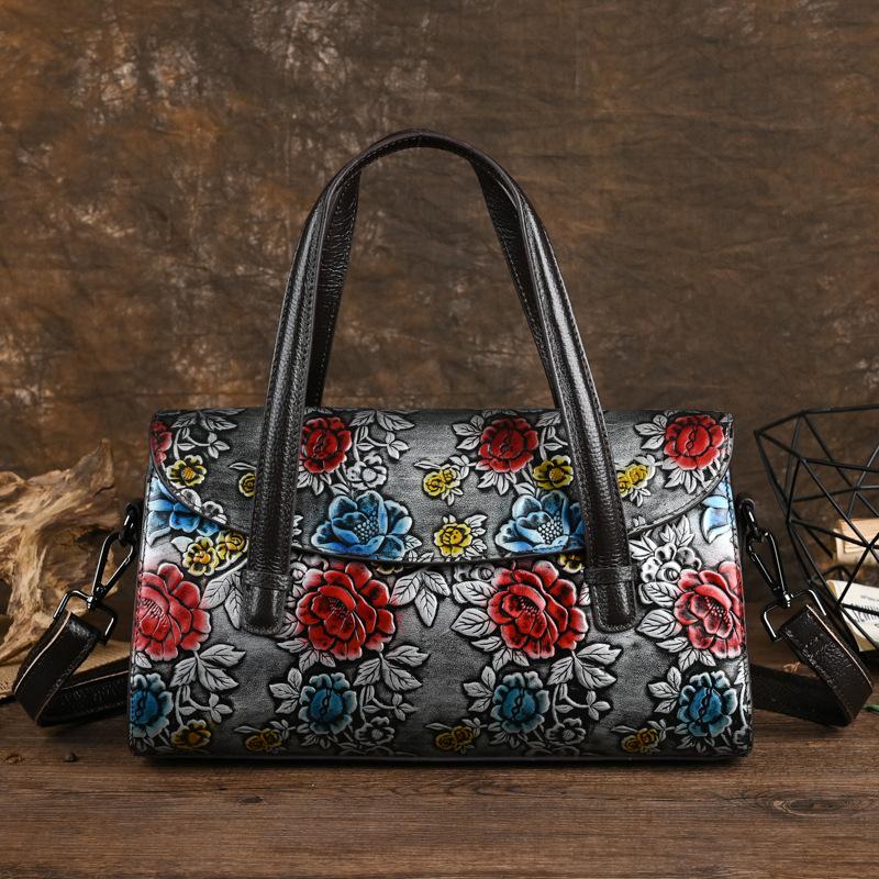 Johnature Retro Embossed Genuine Leather Women Bag Hand Painted Versatile Cowhide Shoulder & Crossbody Bags