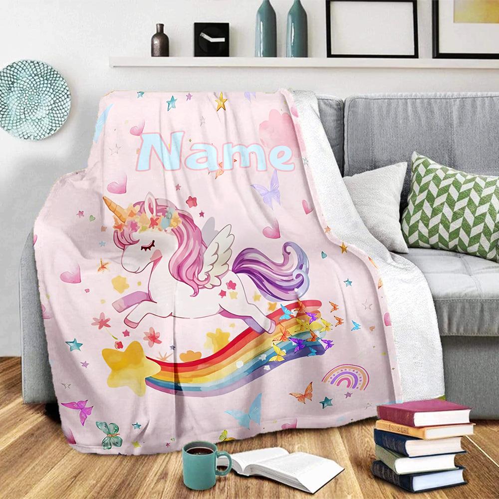 Unicorn Rainbow Personalized Home Customize Your Name Blankets Cozy Soft Lightweight Allseason Multipurpose Blanket For Picnics Sofas Offices Beds