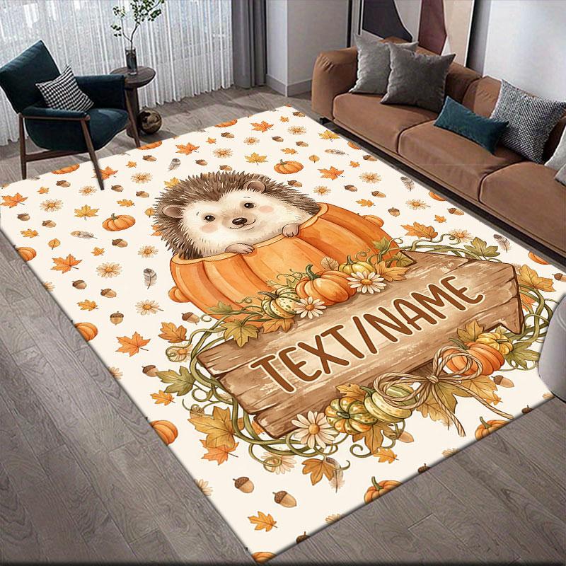 Custom Name,Autumn Pumpkin Animal Home Sofa Decoration for Living Room & Bedroom, Non‑Slip Play Flannel Floor Mat for Game Room