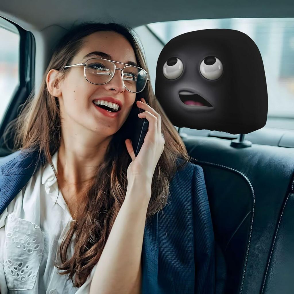 Pack Of 2 Elastic Cartoon Car Headrest Covers Funny Big Eyes Design Universal Fit For Cars Trucks Vans Durable Polyester Fabric