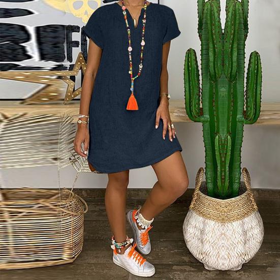 Летнее платье с V-образным вырезом и разрезом на подоле, свободное нерегулярное платье с короткими рукавами, сплошной цвет, пуловер длиной до колена, повседневная повседневная одежда, платье миди