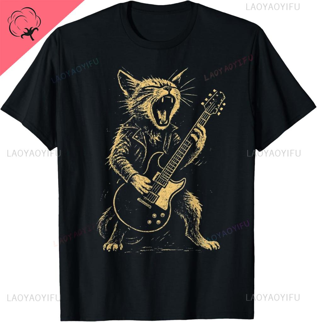 Cat Playing Guitar Rock Star Rock and Roll for Men Women T-Shirt Print Original Design Gifts T Shirts Camiseta Hombre