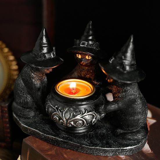 Подсвечник в виде черного кота, смоляной подсвечник в виде кошек на Хэллоуин с ведьмиными шляпами, винтажный подсвечник, настольное украшение, подарок для любителей кошек