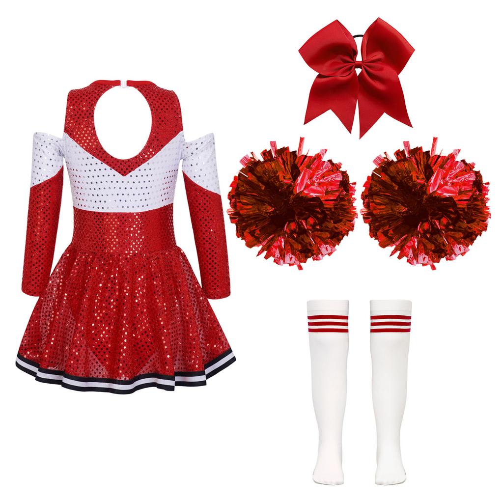 Girls Sparkling Cheerleading Outfit Off Shoulder Sequin Dress Long Sleeve Bow Headwear Hand Accessories Sport Socks