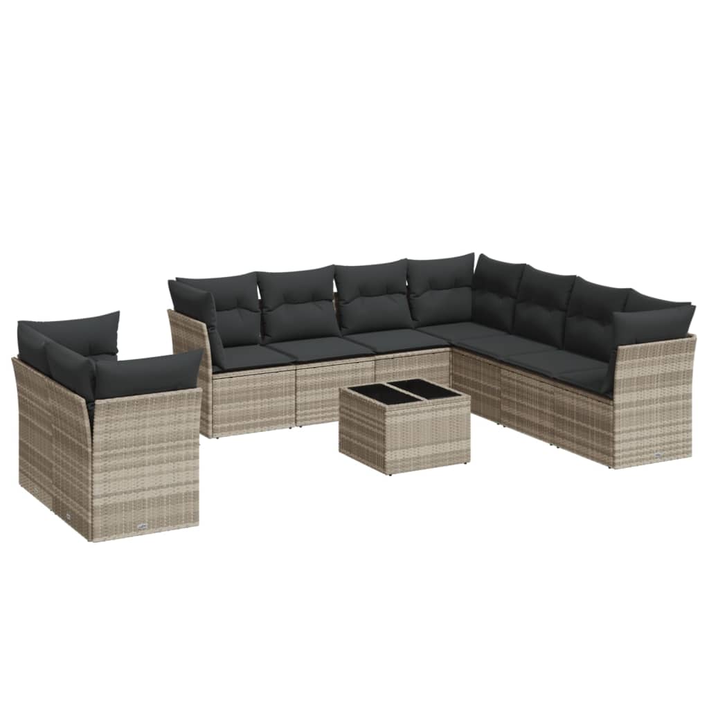 10 Piece Garden Sofa Set with Cushions Light Grey Poly Rattan