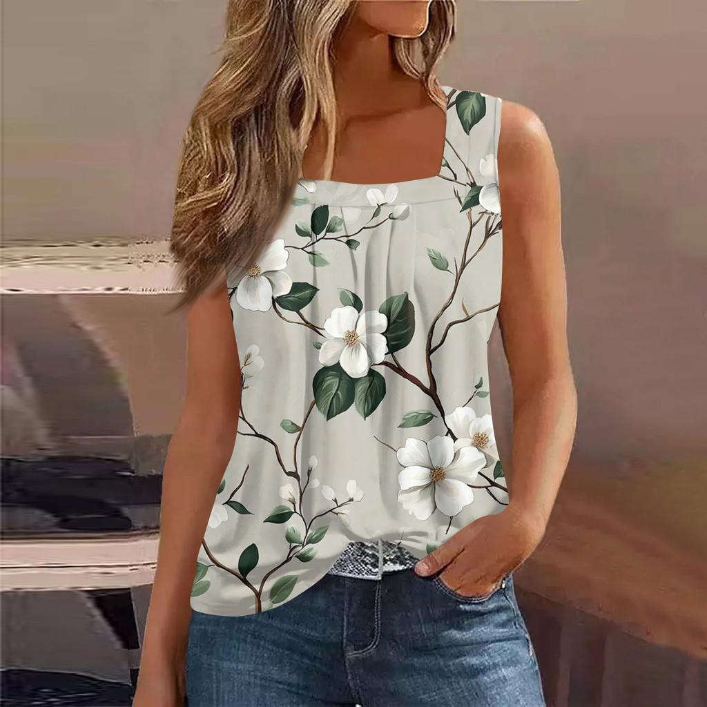 Square Collar Tank Top Women Print Tank Tee Casual Loose Fit Sleeveless Shirt