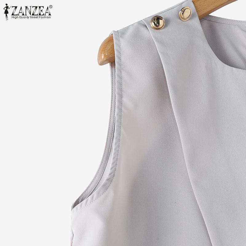 ZANZEA Women Casual Round Neck Sleeveless Buttoned Irregular Hem Loose Tanks