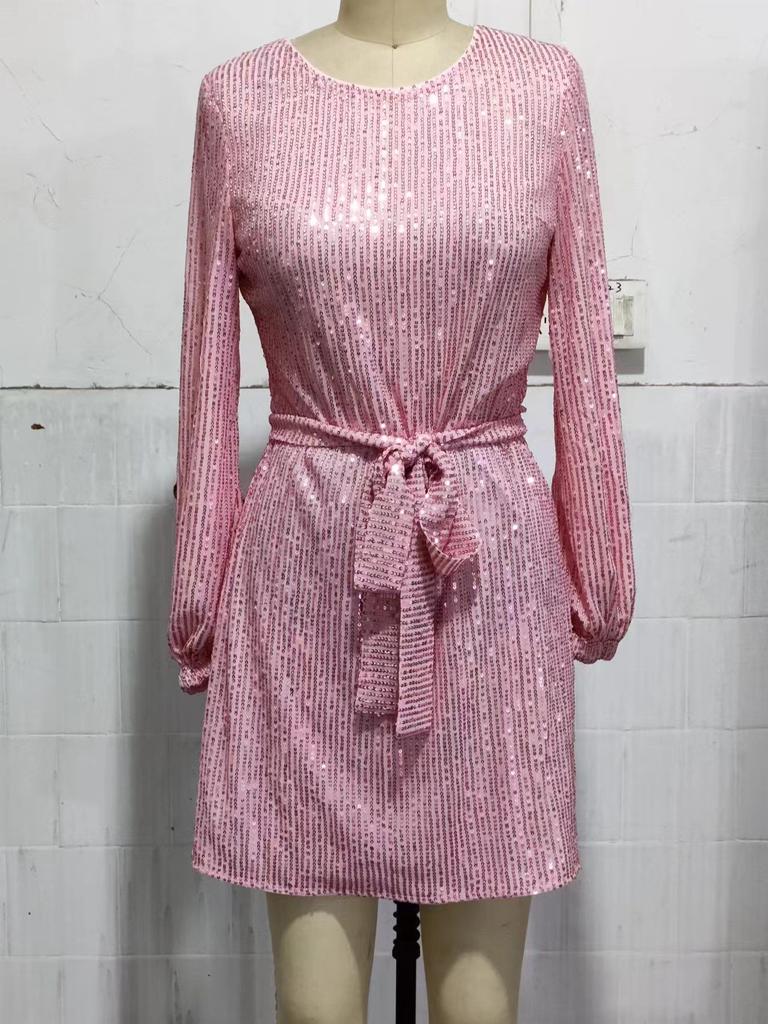 Женское платье с блестящими пайетками, круглым вырезом и длинными рукавами, на шнуровке, с узкой талией, сверкающее мягкое мини-платье длиной выше колена для клубной вечеринки