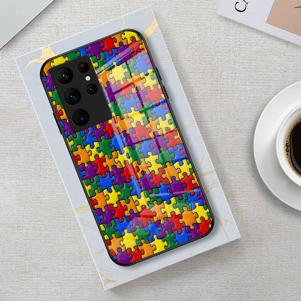 Autism Support Puzzle Phone Case For Samsung S26 S25 Edge Ultra 23 22 21 20 Ultra Plus S24 Fe Glass Cover