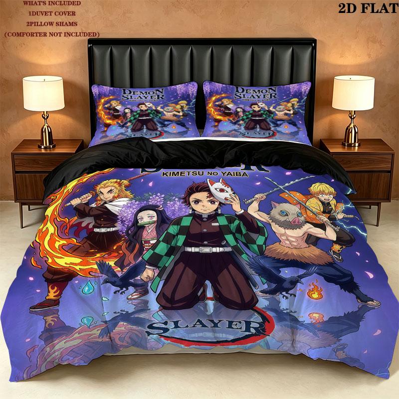 Demon Slayer Pattern Bedding Quilt Set Quilt Cover Pillowcase Home Birthday Gift(1 * duvet cover + 2 * pillowcase, without core)