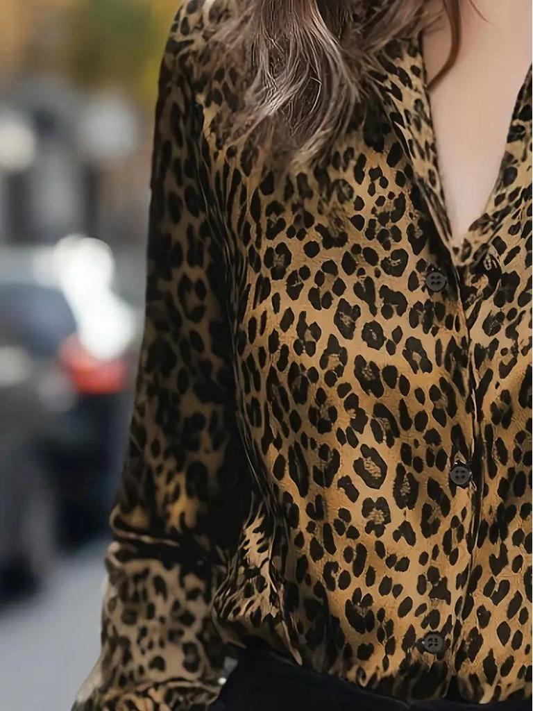 Женская элегантная блузка с леопардовым и цветочным принтом, с длинным рукавом