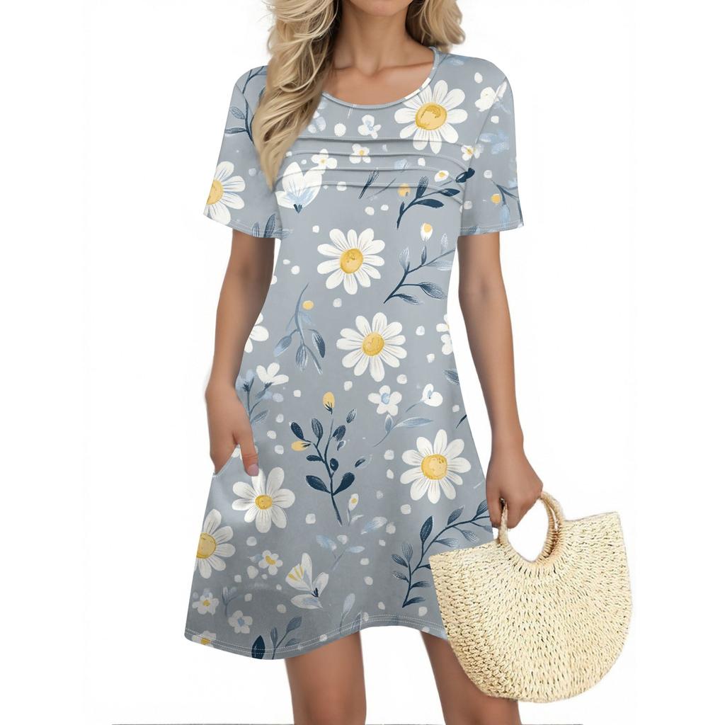 Женские летние платья Женские летние платья с цветочным принтом Повседневные платья с коротким рукавом и круглыми карманами