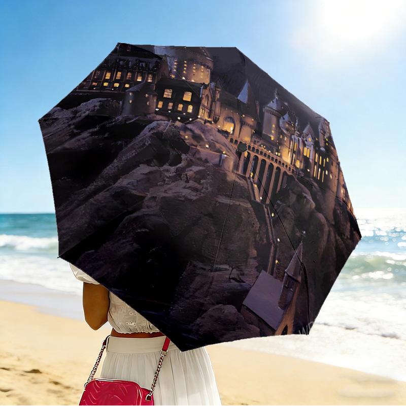 Hogwarts Castle 8 Ribs 3Fold Black Glue Uv Protection Umbrella Sun Protection Rainproof Compact Folding Umbrella For Travel Daily Use C9241904