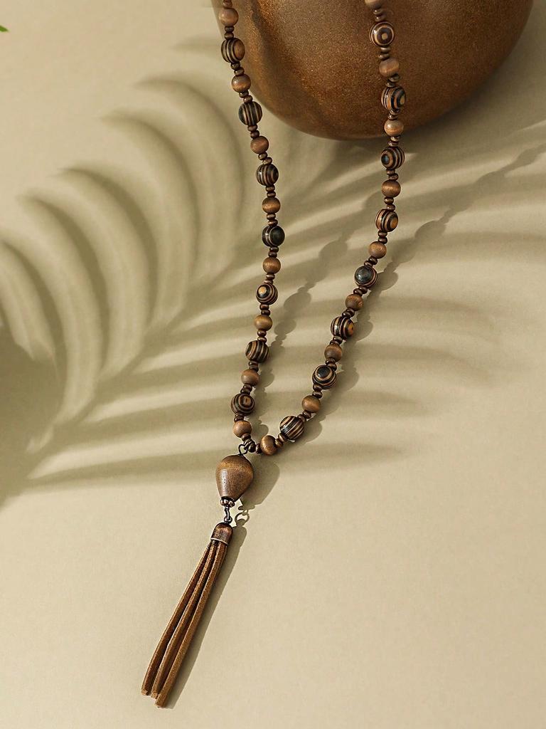 Богемный отпускной стиль Деревянное ручной работы ожерелье с подвеской из бусин Длинная цепочка для свитера Кисточка из ПУ кожи Бохо украшения Подходит для женского повседневного ношения