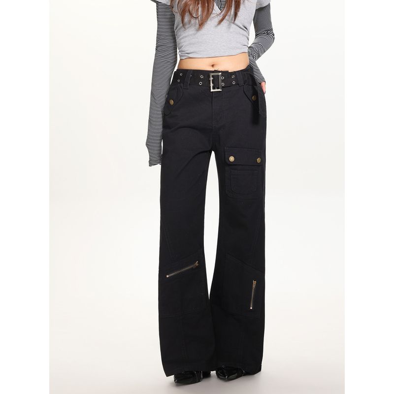 Straight-Leg Flared Pants for Women, Autumn and Winter Black Patchwork Slimming Cargo Pants, High-Waisted Slightly Flared Pants for Trendy Girls