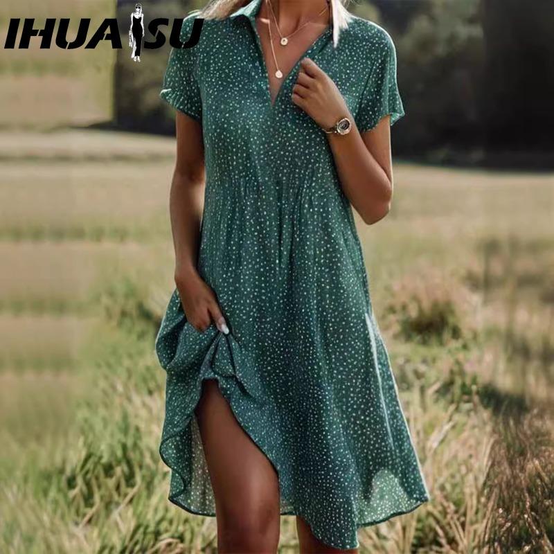 IHUASU Женская мода, лето, весна, повседневные платья с короткими рукавами и воротником-поло