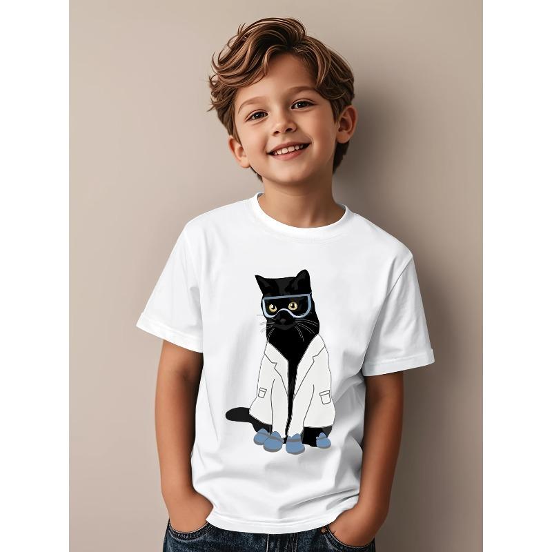 Boys Crewneck Short Sleeve T-Shirt, Laboratory Scientist Cat Beaker Test Tube Science Print