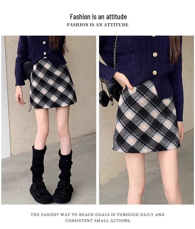 Женская мини-юбка в клетку из смесовой шерсти с завышенной талией в стиле ретро 2025 - Маленькая облегающая А-силуэта для осени/зимы